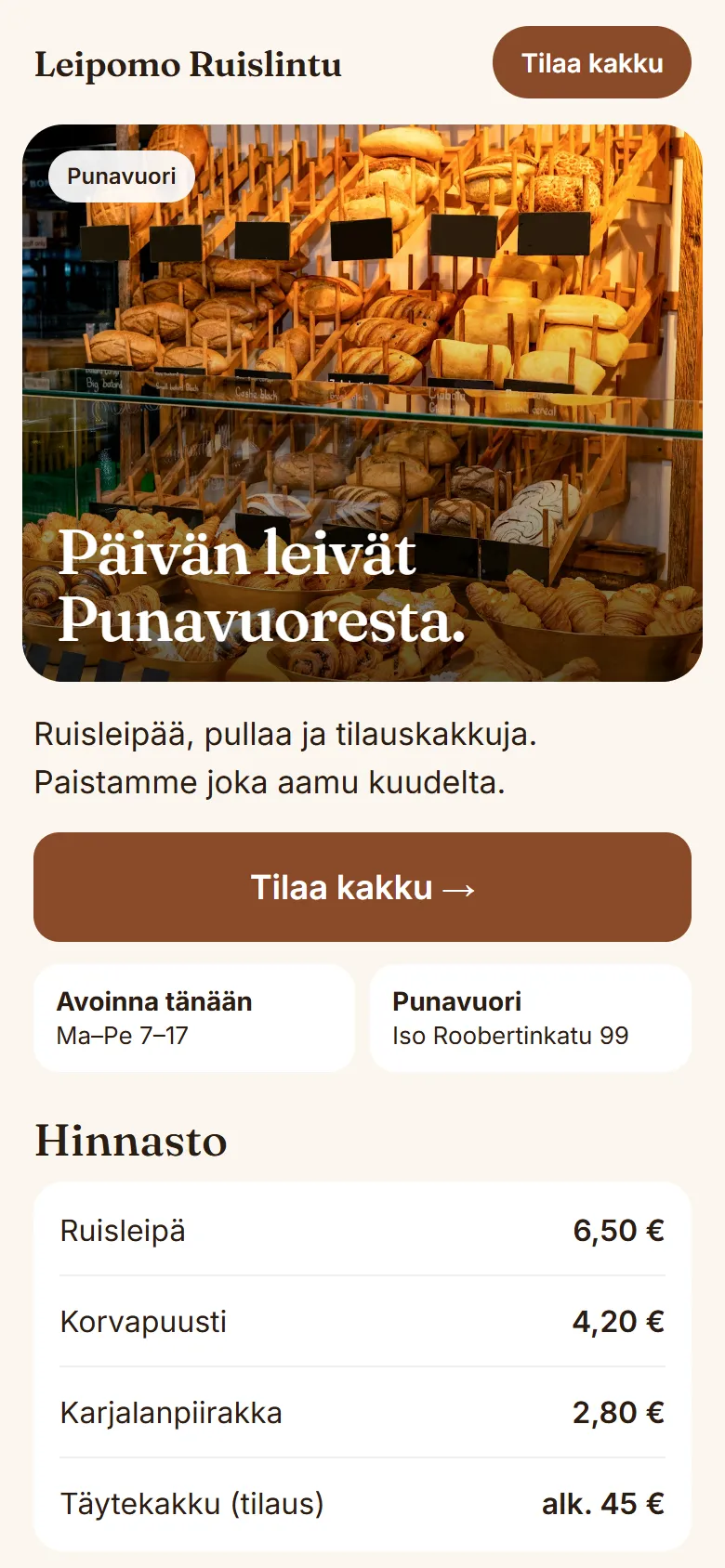 Uudet sivut puhelimella – leipäkuva, tilausnappi ja hinnasto