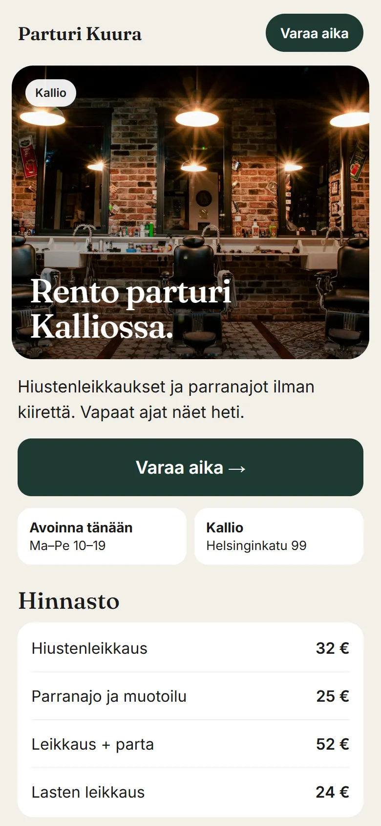 Uudet sivut puhelimella – iso kuva, varausnappi ja hinnasto