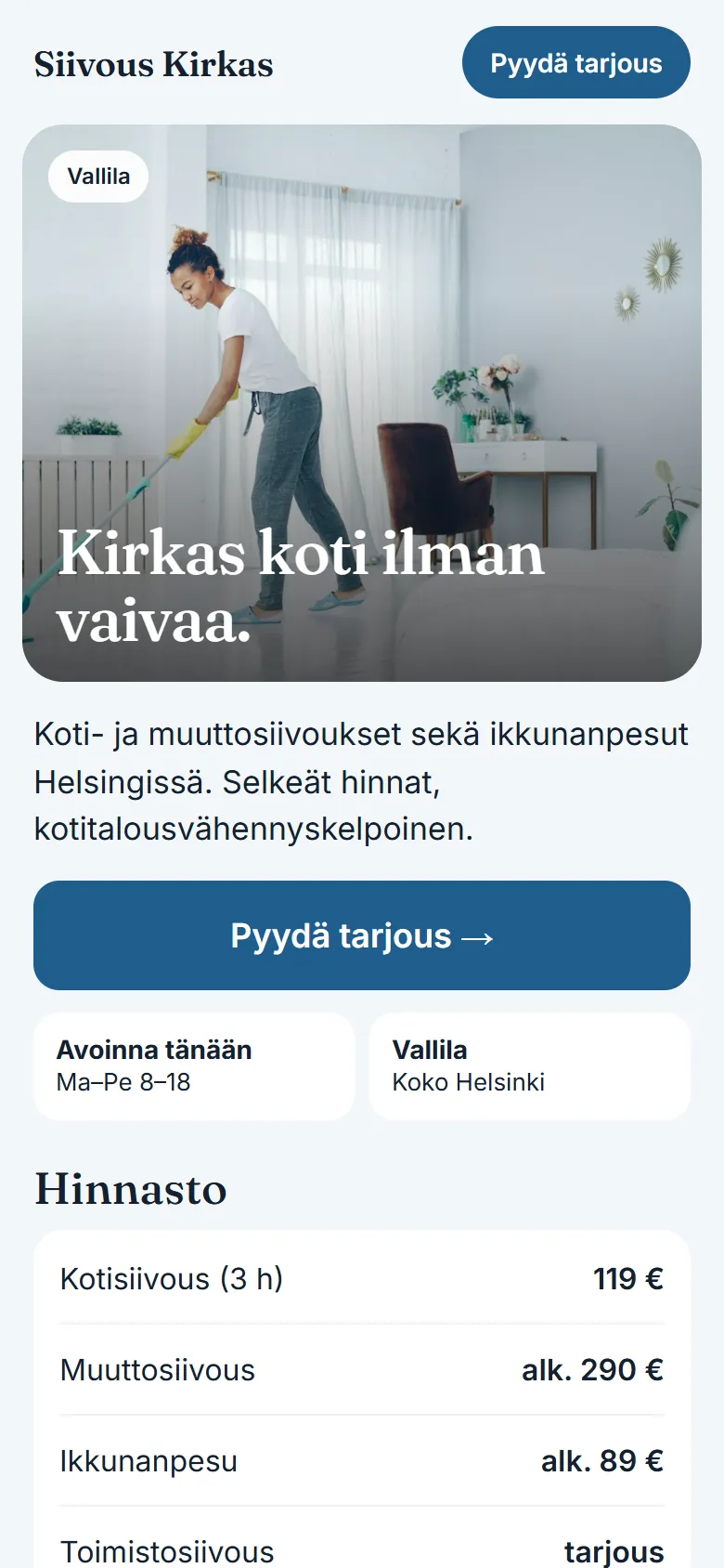 Uudet sivut puhelimella – valoisa kuva, tarjousnappi ja hinnasto